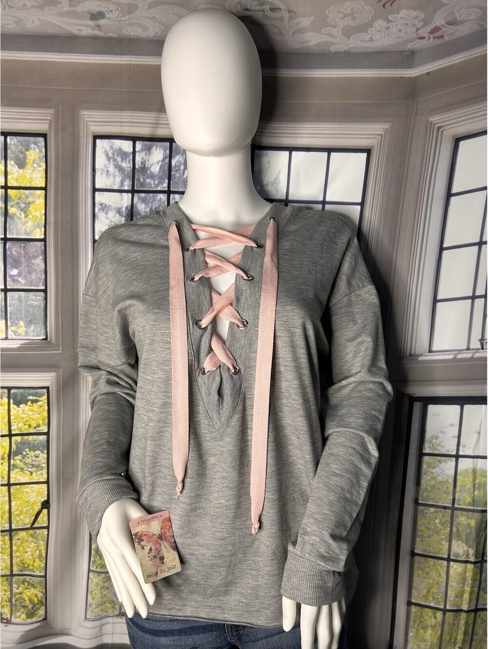 Belle du Jour Lace-Up Front Sweatshirt Gray Pink Women’s Size Small